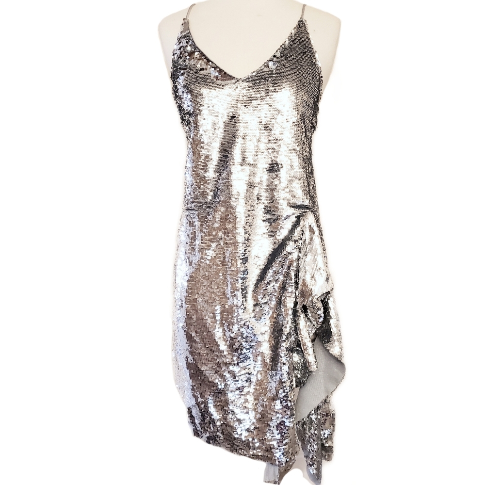 MO&CO NWT Silver Sequins Sparkly Vegas Party Mini Dress Thigh Ruffle Slit S